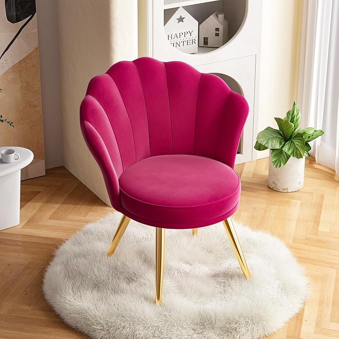 Velvet Accent Chair with Gold Metal Legs Vanity Chair for Makeup Room Upholstered Guest Chair for Living Room Side-Chair for Bedroom Fushia
