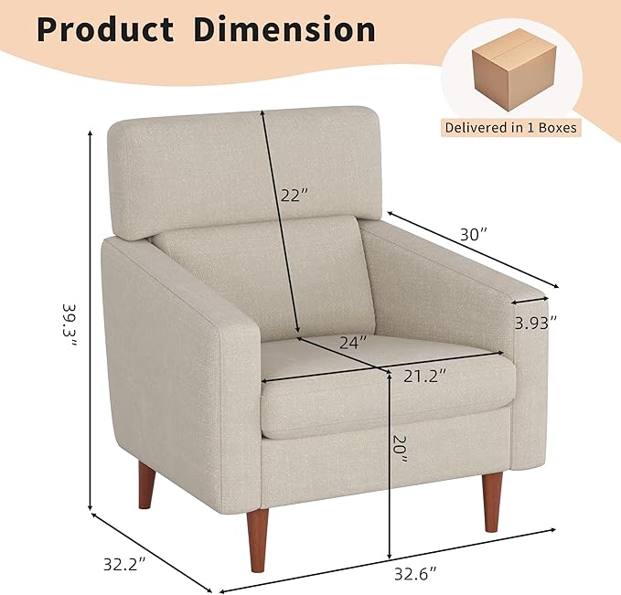 EJUNQ Mid-Century Accent ChairFabric Modern Reading Living Room Chairs Upholstered Armchair with Wood LegsCozy Reading Chair for Living RoomBedroom（Beige