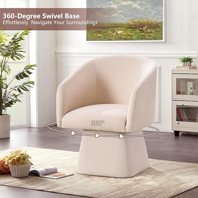 Swivel Modern Accent ChairLuxury Fabric Upholstered Makeup Chair Comfy Barrel Chair with No Wheels360°Rotating Vanity Armchair for Living Room Bedroom Office (WhiteSet of 2)