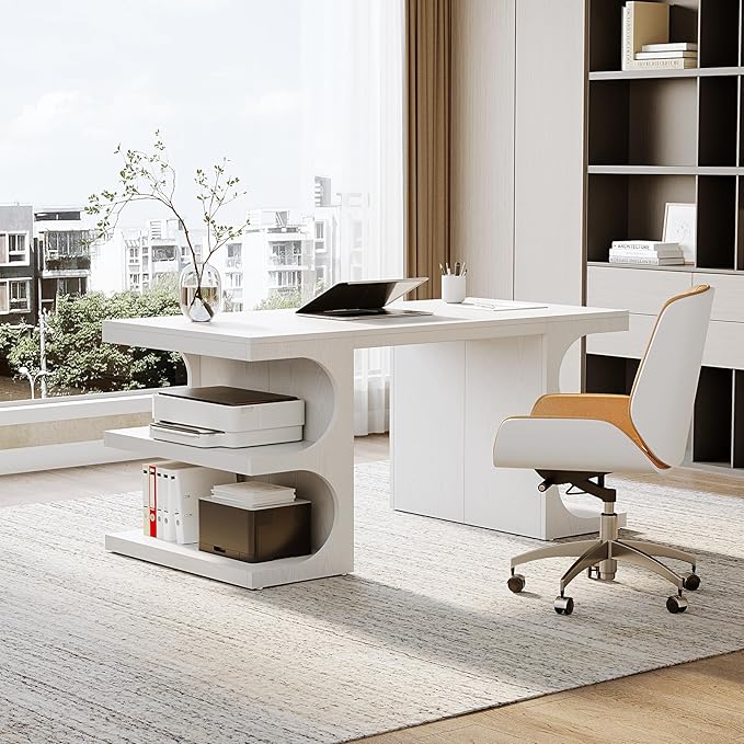 LITTLE TREE 62.2-Inch Executive Desk Modern Home Office Desks Office Table with Storage Shelves for Workspace Large Computer Desk Long Contemporary Writing Desk White