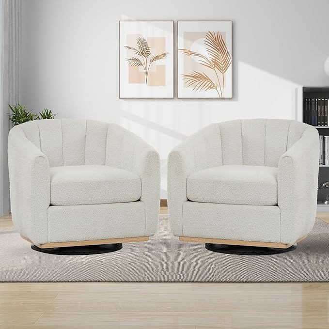 Ivory White Swivel Accent Chairs Set of 2Chenille Accent Chairs for Living RoomUpholstered Swivel Chair with Wide Curved Backrest