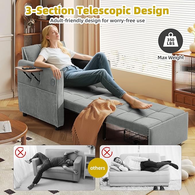 Convertible Sleeper Chair for Adults with Foldable Table USB Port &amp Bottom Storage Single Sleeping Sofa Bed for Living Room Guest Room Light Gray