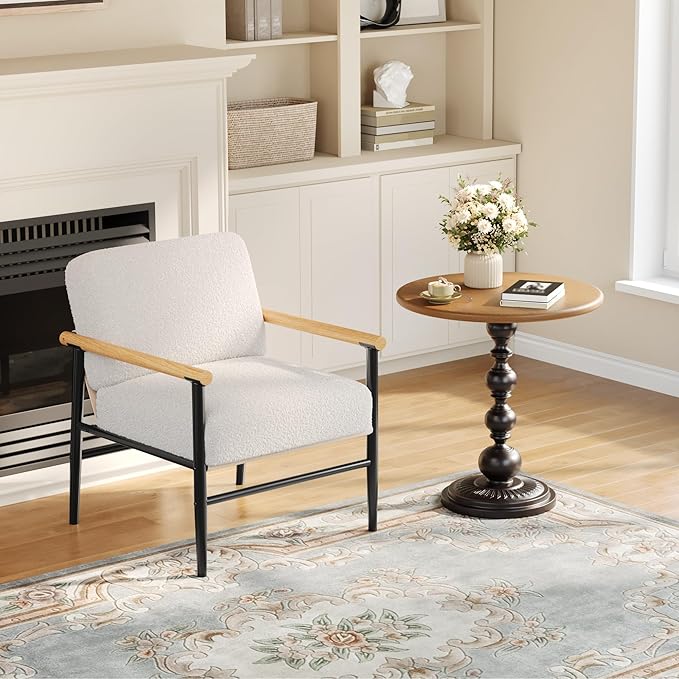Accent Chair Comfy Sherpa Reading Chair with Thick Cushion &amp Iron Frame Modern Beige Armchair for Living Room Bedroom Office Dorm Waiting Room