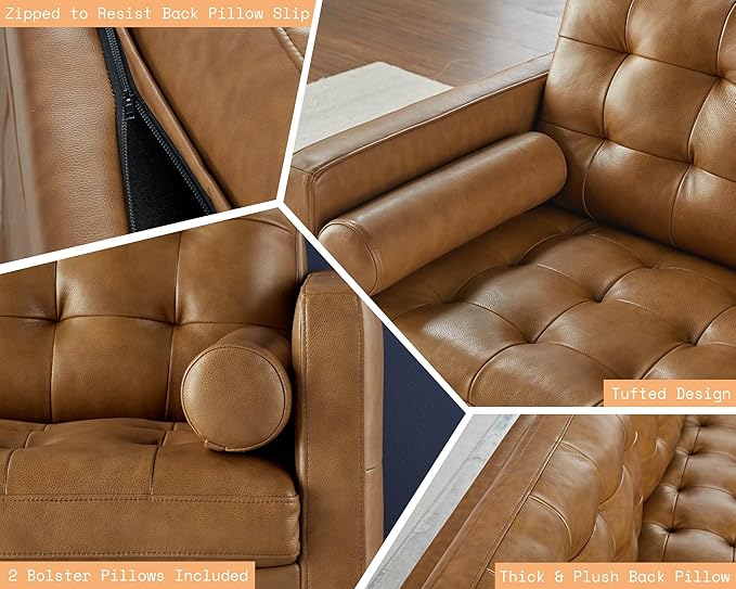 AMERLIFE Leather Sofa Mid-Century Modern Genuine Leather Sofa 3 Seater Comfy Couch for Living Room Home Office -Brown Leather Sofa Couch