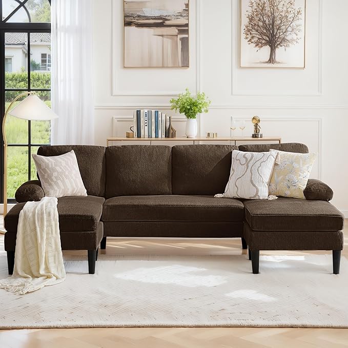 U Shaped Sectional Couches for Living Room 101 Modern Chenille Fabric Sofa with Double Chaise Lounge 4-Seat Couch with Removable Pillows for Apartment/Small Space Brown