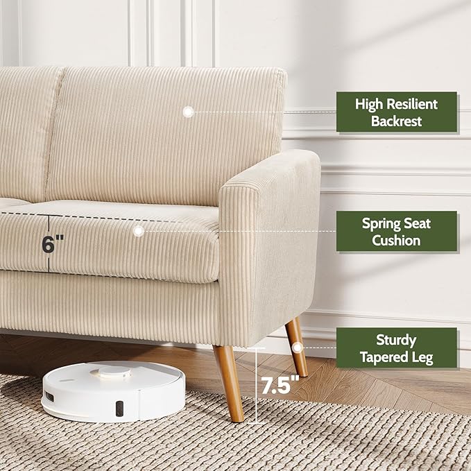 WEUP 68 Loveseat Sofa Beige Corduroy Couch Mid Century Modern Love Seat Couches for Living Room Small Loveseat for Bedroom Office Comfy Sofa with Spring Cushion Solid Wood Tool-Free Assembly