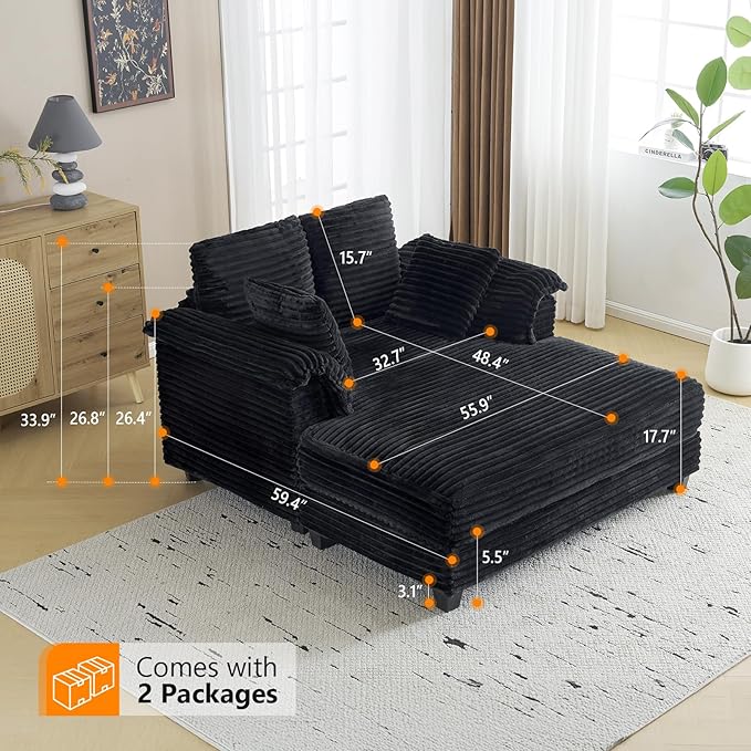 VINGLI Lounge Chair 56 Oversized Reading Chair Corduroy Chaise Sofa Recliner Bed Upholstered Comfy Sleeper Couch with Throw Pillows and Armrests for Living Room Movie Room Bedroom