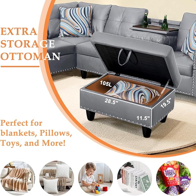 Wakefit Sectional Sofa Couch Modern 4-Seaters Living Room Furniture Sets with Chaise Lounge Ottoman &amp 2 Pillows | L Shape Couch | Cup Holder | Faux PU Leather Gray