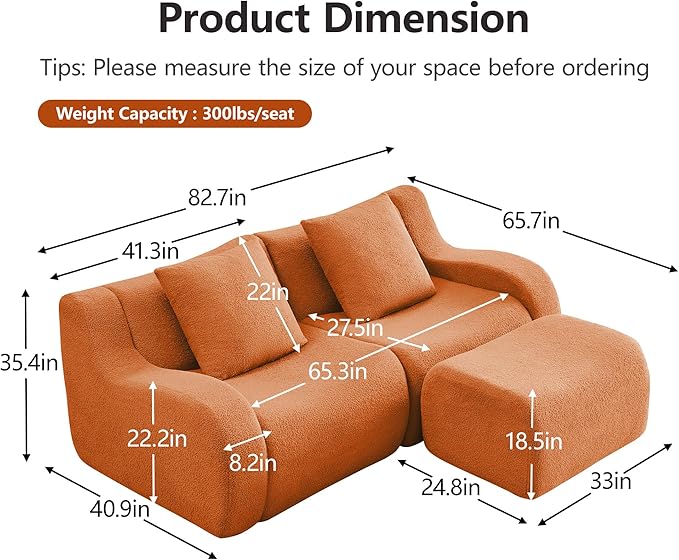 KEIKI 83 L-Shaped Teddy Modular Sectional Loveseat Sofa with 1 Ottoman &amp High-Density Foam Cushions &amp Curved Armrest &amp 2 Pillows Streamlined Design Boneless 2-Seater Couch for Living Ro