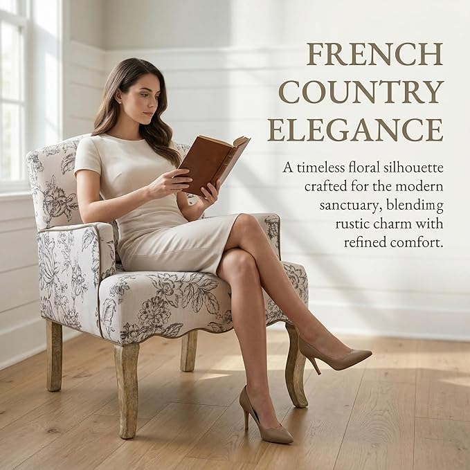 Floral Accent Chairs Set of 2 Farmhouse Upholstered Armchair Linen Reading Chair Mid Century Modern Single Sofa Chair with Pillow for Bedroom/Living Room/Fireplace Beige