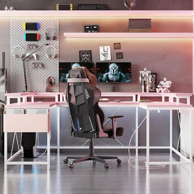U Shaped Desk with Power Outlet &amp LED Lights 79 Reversible Computer Desk with Monitor Stand Wood Home Office Desks Gaming Desk with Shelving Side Storage Pockets Pink