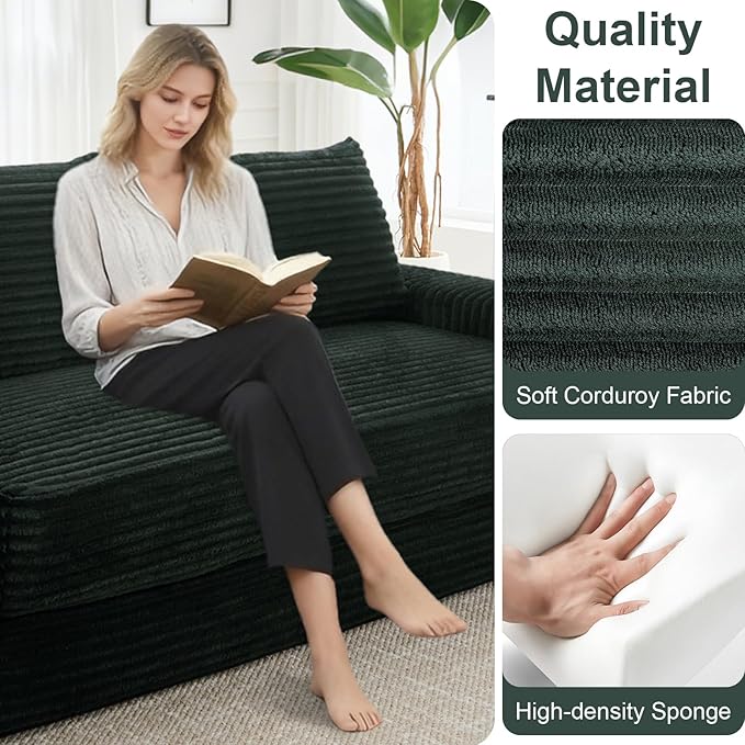 GNIXUU Corduroy Cloud Loveseat Sofa 2 in 1 Convertible Sleeper Sofa with Fixed-Shape Frame Comfy Folding Boneless Love Seat Couches for Living Room Apartment Small Spaces Green