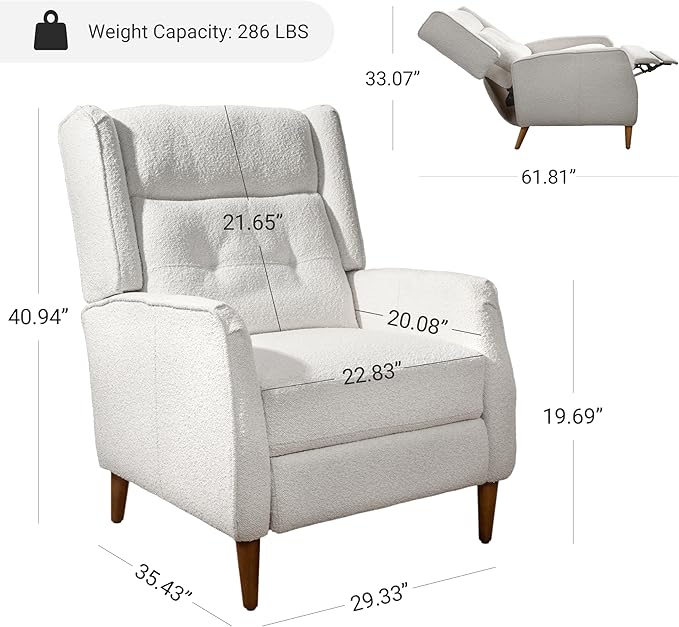 Fat Ant Wingback Pushback Recliner Chair Modern Upholstered Living Room Chair Fabric Single Sofa Recliner Seat Club Chair Home Theater Seating for Living Room Bedroom Off White
