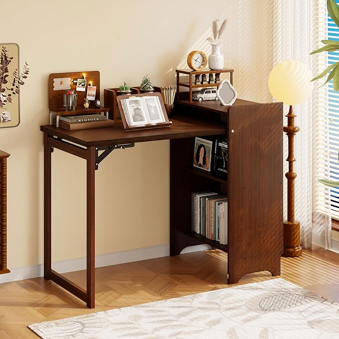 Bamboo Folding Desk for Small SpacesHidden Desk with Storage Shelf Foldable Computer Desk for Bedroom Home Office Mid Century Modern Fold Out Table Writing Table Walnut