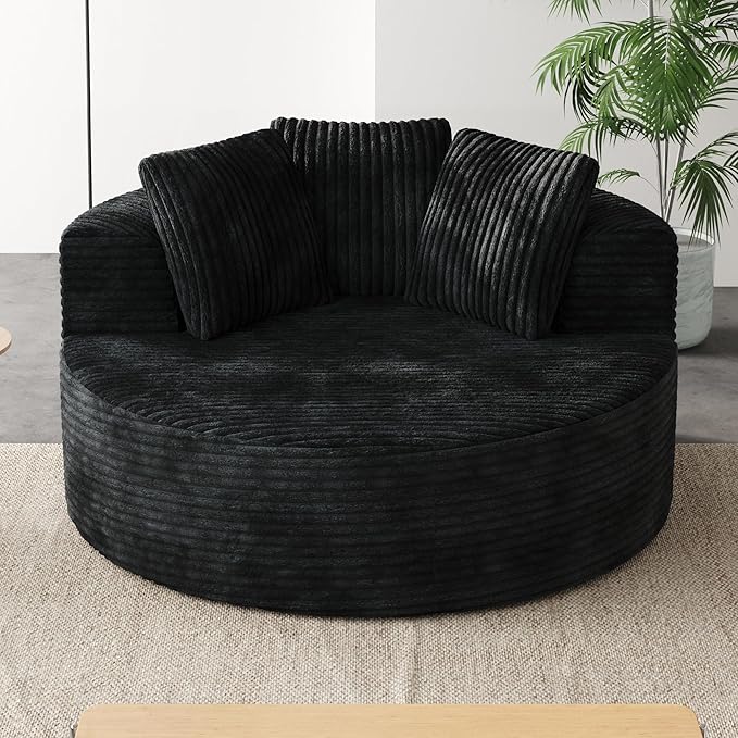 JACH Oversized Sofa Chaise with Three Pillows 50 Corduroy Deep Seat Single Sleeper Sofas Round Upholstered Lazy Floor Sofa for Living Room Apartment Black
