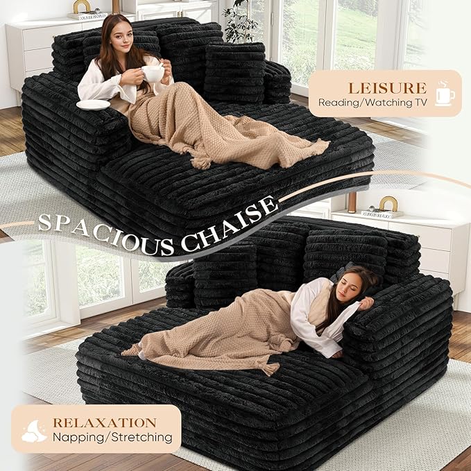 Chaise Lounge Chair Indoor Comfy Corduroy Plush Fluffy Foam Floor Compressed Sofa Chair Leisure Reading Single Sleeper Chaise Chair for Living Room Bedroom Office Pillows Included (Black)