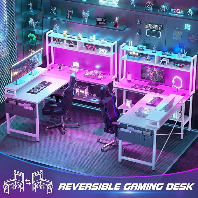 Aheaplus L Shaped Gaming Desk with Power Outlets &amp LED Lights Small L- Shaped Desk Computer Corner Desk with Monitor Stand &amp Storage Shelf Home Office Desk Writing Desk with Storage Bag Whi