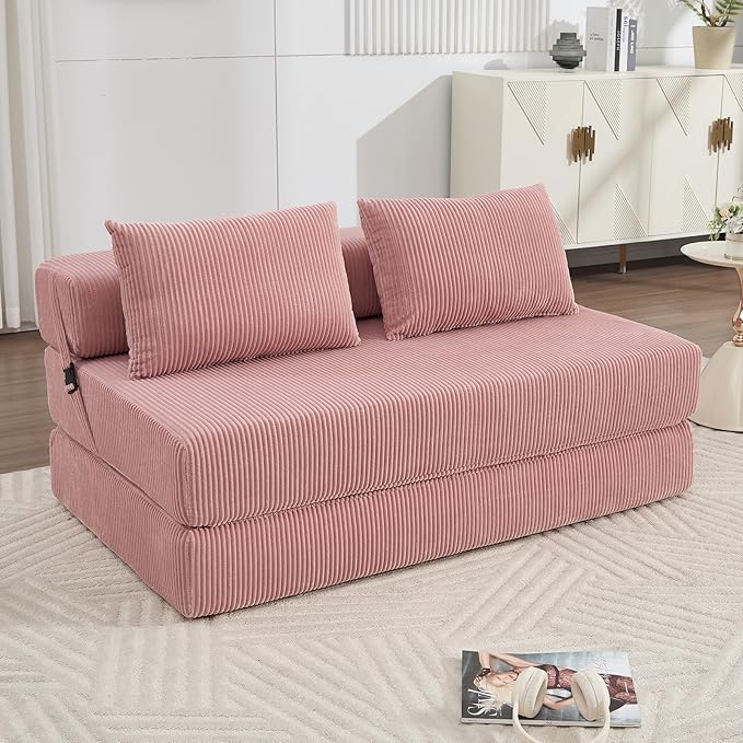 KIVENJAJA Folding Sofa Bed Full Size 3-in-1 Convertible Sleeper Sofa Corduroy Foldable Boneless Floor Futon Couch with Backrest &amp Pillows for Home Living Room Office Apartment Small Spaces Pink