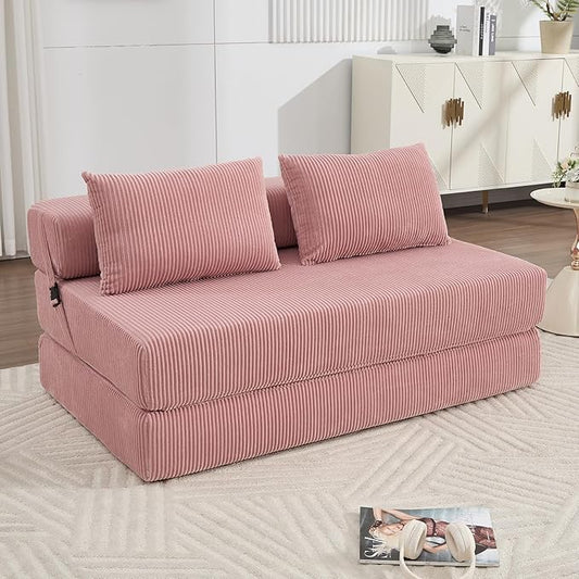 KIVENJAJA Folding Sofa Bed Full Size 3-in-1 Convertible Sleeper Sofa Corduroy Foldable Boneless Floor Futon Couch with Backrest &amp Pillows for Home Living Room Office Apartment Small Spaces Pink
