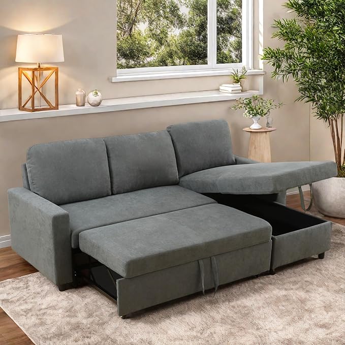 FONTOI Sofa Bed Pull Out Couch Convertible L Shaped Sleeper Sofa with Storage Chaise Modern Lounge Small Sectional Couches for Living Room Small Spaces Grey