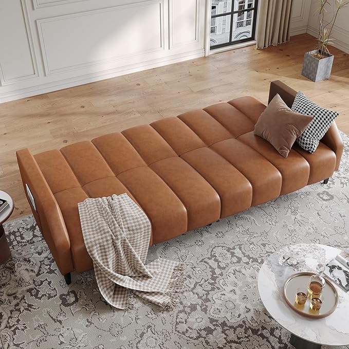Fadware Faux Leather Couch Convertible Futon Sofa Bed with Adjustable Backrest Mid Century Leather Sofa Loveseat with Side Pockets&amp Metal Leg Modern Leather Sleeper Sofa for Living Room Bedroom