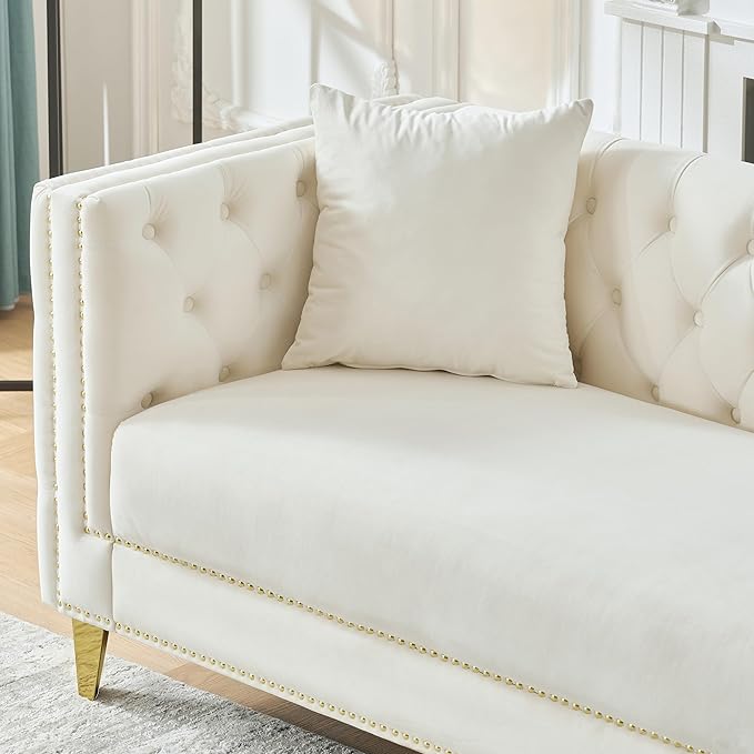 DEINPPA 2 Piece Chesterfield Couch Sets Velvet 3 Seater Sofa Set with Throw Pillows Comfy Couch with Nailhead Trim and Metal Legs for Living Room/Apartment/Office-Beige