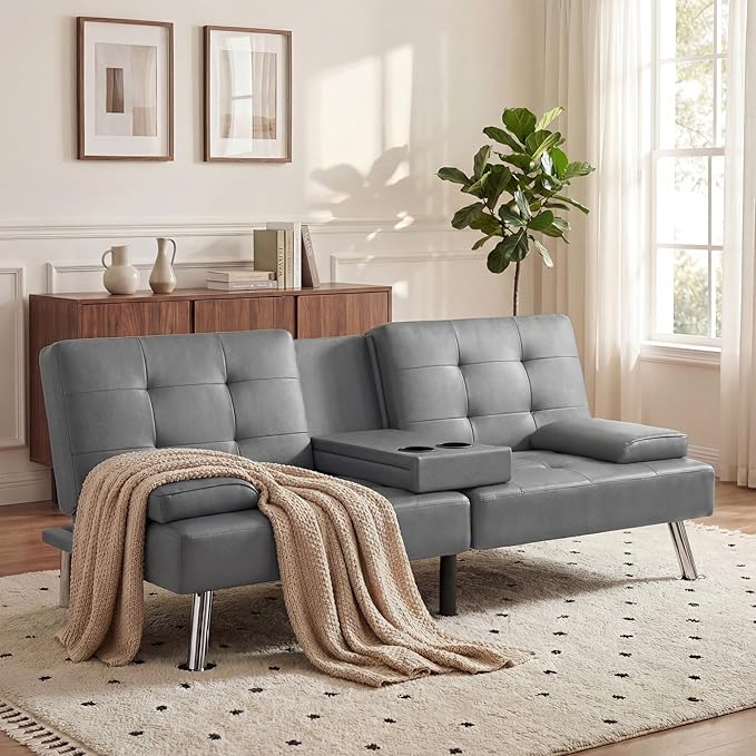 YESHOMY Modern Futon Sofa Bed Convertible Futon Couch with Adjustable Backrest Futon Loveseat Sleeper Sofa Bed with Armrest for Living Room Small SpacesPU Leather Gray