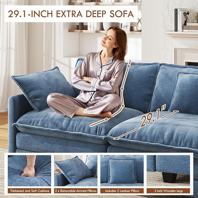WorthFurni 77 Inch Cloud Sofa Loveseat Comfy Sectional Couch 2-Seater Chenille Deep Seat Sofa with Throw Pillows for Living Room Bedroom Apartment (Blue)