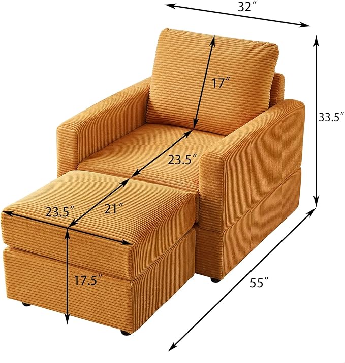GDFStudio 32 Single Seat Sofa Couch Corduroy Comfy Deep Seat Sofa Sleeper Sofa Bed Chaise Couch Chair with Ottoman Removable Footrest Oversized Armchair for Living Room Orange