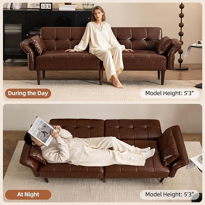 Futon Sofa Bed Sleeper Sofa Small Couch with Storage Adjustable Armrests Pillows Faux Leather Loveseat Mid Century Modern Couches for Living Room Bedroom Apartment Red Brown