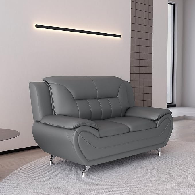 Michael Modern Faux Leather Upholstered Stainless Steel Legs Living Room Loveseat Gray