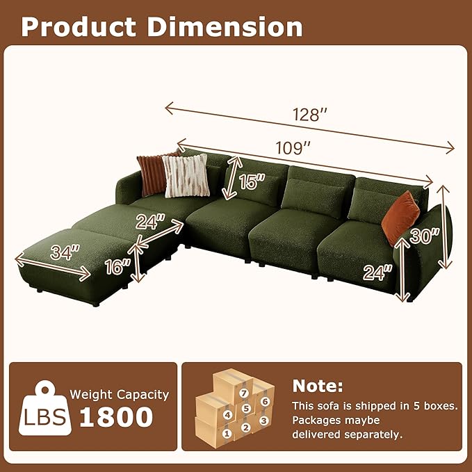 U Shaped Cloud Sectional Convertible L Shaped Couch with Removable OttomansModular Cloud Couch Sectional for Living Room(4 Set + 2 Ottomans - Green)