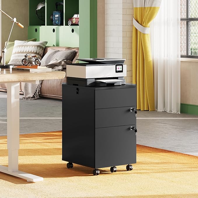 DEVAISE 3 Drawer File Cabinet with Lock Small Rolling Filing Cabinet Under Desk Wood Office Drawers Fits Letter/Legal/A4 Size Folders Black