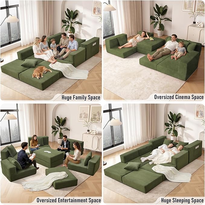 102 Upgraded L-shaped Modular Sectional Couches for Living Room Convertible Oversized Sleeper Sofa Bed-Luxury 1.5 Queen Bed. 11-in-1 Multifunctional Corduroy Boneless Folding Futon Couch Green.