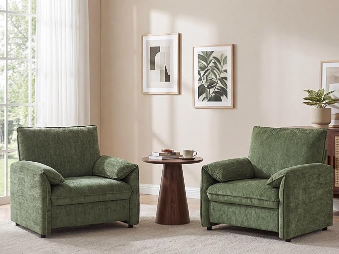 Oversized Accent Chair Modern Armchair for Living Room Wide Reading Chair w/Deep Seat Springs Cushion Chenille Armchair w/Pillow Arm Single Sofa Chair for Bedroom Apartment Office Green