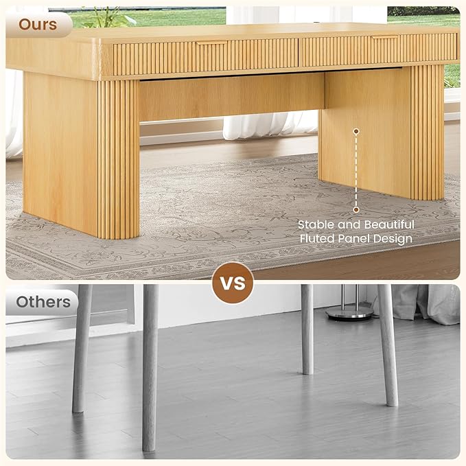 SEDETA Office Desk with 2 Drawers 59 Fluted Computer Desk with Storage and Power Strip Wood Executive Desk Writing Desk for Home Office Living Room Bedroom Oak