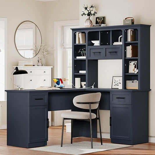 L-Shaped Home Executive Desk with 2 Cabinets and 2 Drawers Computer Desk with Power Outlet 11 Open Shelves and 1 Right Flip Shelf with Storage for Study Living Room and Office (Antique Blue-02)