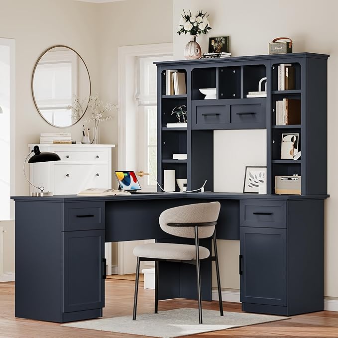 L Shaped Office Desk with Hutch and Drawers Farmhouse Home Office Desk with Cabinets and Open Shelves Corner Gaming Desk for Study Living Room Antique Blue