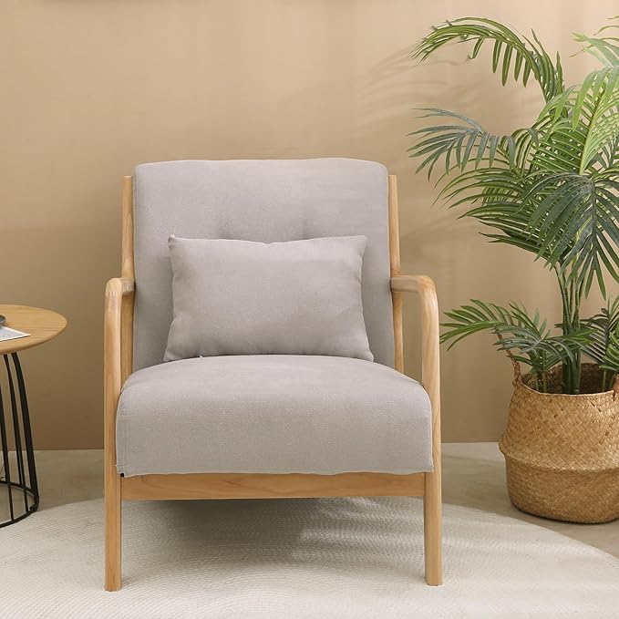 Mid Century Modern Accent Chair with Wood Frame Upholstered Living Room Chairs Reading Armchair for Bedroom