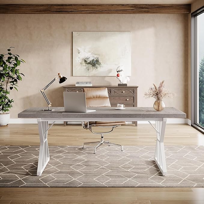 Tribesigns 70.86-Inch Large Executive Desk Industrial Home Office Computer Desk Simple Long Writing Study Table Business Furniture (Grey/White)