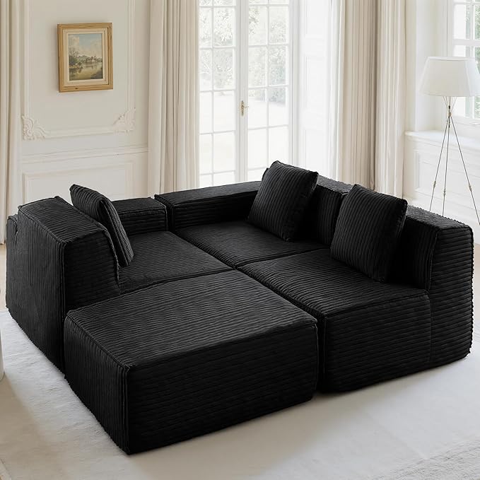 L-Shaped Corner Corduroy Sectional Sofa 4 Seat Modular Boneless Sofa Foam Cloud Couch with Movable Ottoman and Toss PillowsModern Deep Seat Convertible Chaise Sofa