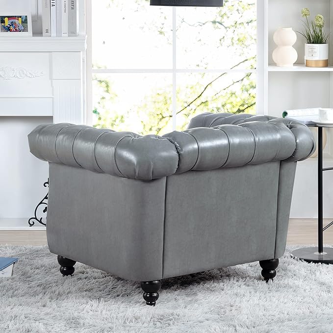 GDFStudio 39 Tufted Button Chesterfield Sofa with Deep Seat Cushions Rolled Arms &amp Gold Accent Strip 1-Seater Midcentury Modern Sofa for Living Room Classic Couch Furniture Gray + PU