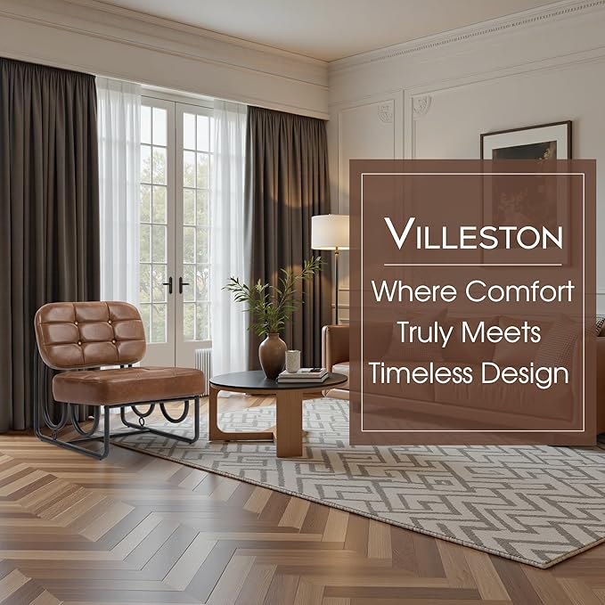 Armless Accent Chair Mid Century Modern Upholstered Leather Chair with Metal Frame 64 Wide Vintage Design for Bedroom Living Room Office Brown