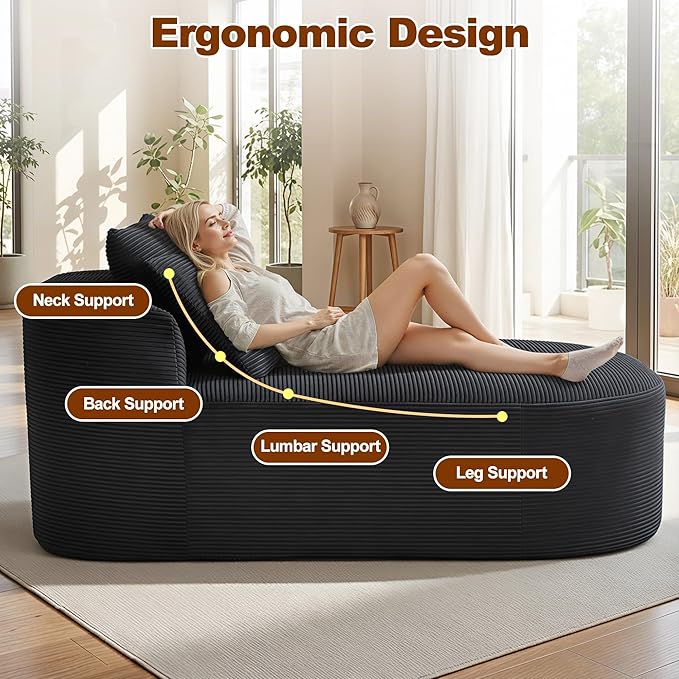 Chaise Lounge Chair Indoor 67.5 Oversized Boneless Couch Could Comfy Upholstered Sleeper Sofa Bed Corduroy Plush Modern Curved Floor Sofas Chair with 2 Pillows for Readng Living Room Bedroom Apartment