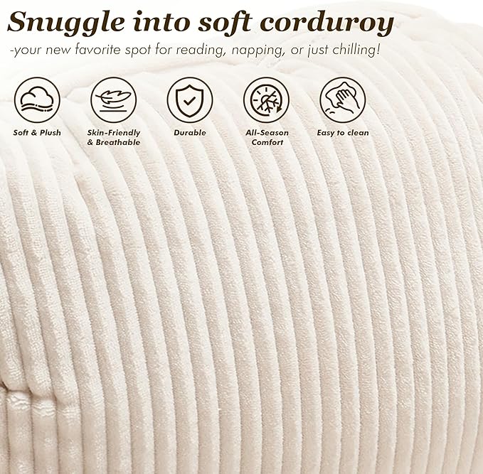 QQU Lazy Chair with Ottoman Corduroy Lounge Armchair Reading Chair with Footrest for Living Room Balcony Study (Beige)