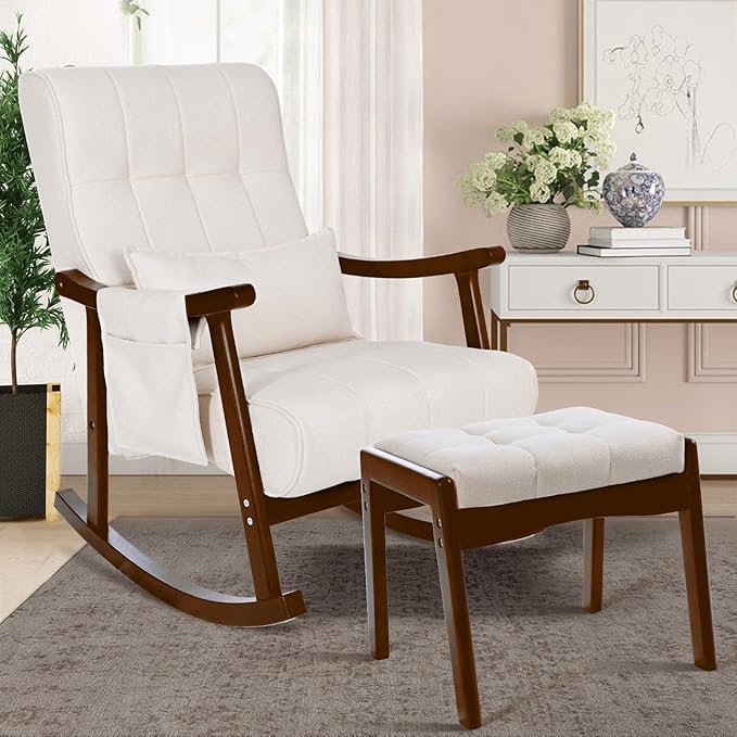 NOBLEMOOD Upholstered Rocking Chair with Ottoman Modern Indoor Nursery Glider Rocker Chair Solid Wood High Back Armchair with Fabric Padded Seat for Living Room Bedroom