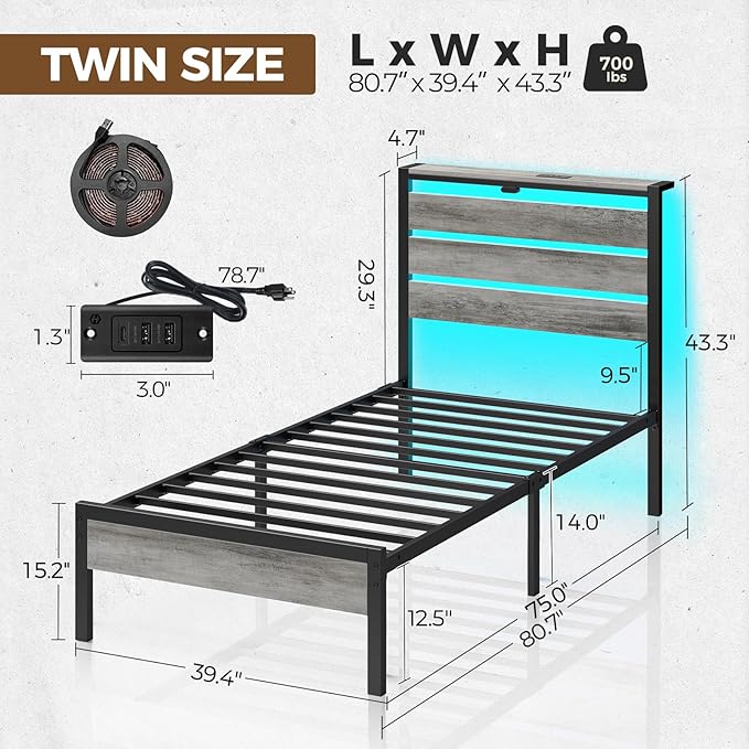 Rolanstar Bed Frame Twin Size with USB Charging Station LED Bed Frame with Wood Storage Headboard Light Grey Metal Platform Bed with Under Bed Storage No Box Spring Needed Noise Free