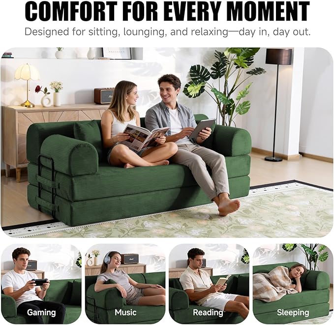 78.8 Boneless Memory Foam Couch Corduroy Convertible Floor Sofa Bed Fold-Out Sleeper Futon Loveseat Wide Armrests &amp Supportive Back 1200 lb Couch in a Box 2 Pillows Dark Green