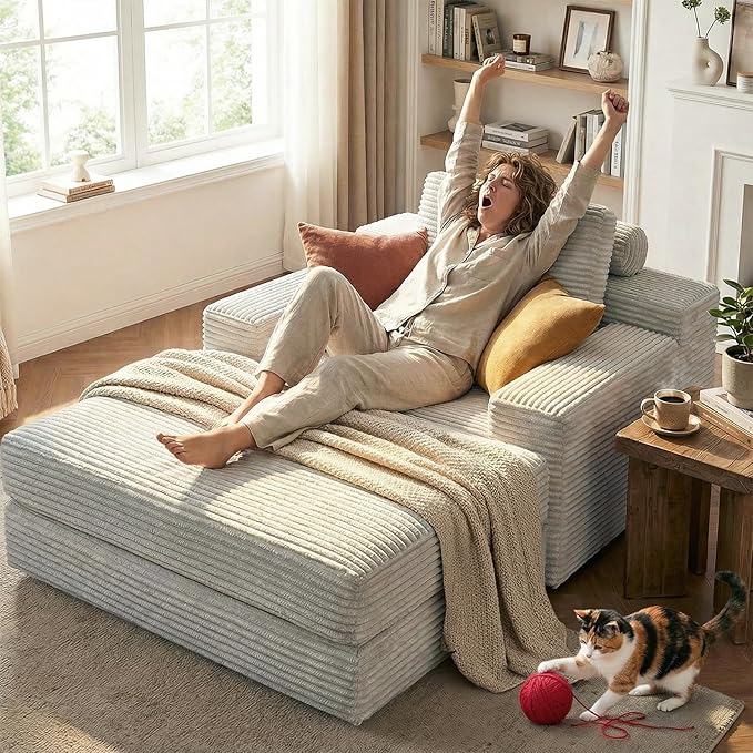 72.8 Convertible Chaise Lounge Sofa Bed Corduroy Sleeper Boneless Couch with Removable Pillow &amp Movable Table Tray Deep Seat No-Assembly Sofa for Living Room Bedroom Apartment Grey
