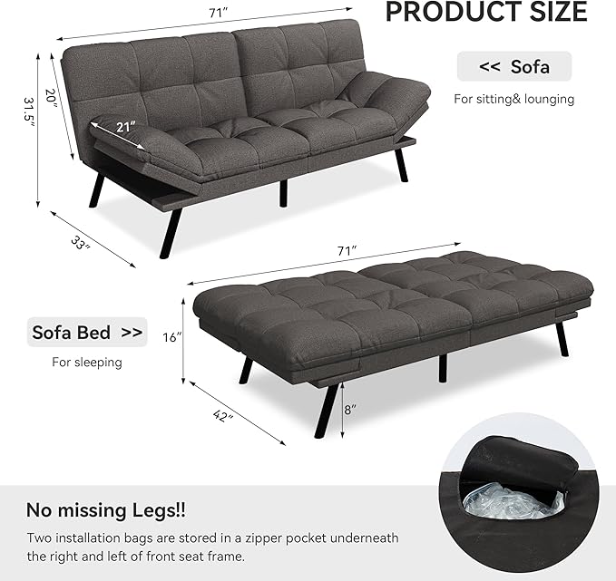 Vipbear Convertible Futon Sofa BedGrey Linen Futon Couch with Detachable CushionAdjustable Backrest &amp ArmrestModern Small Recliner Loveseat Sleeper Couch for Living RoomOfficeApartment